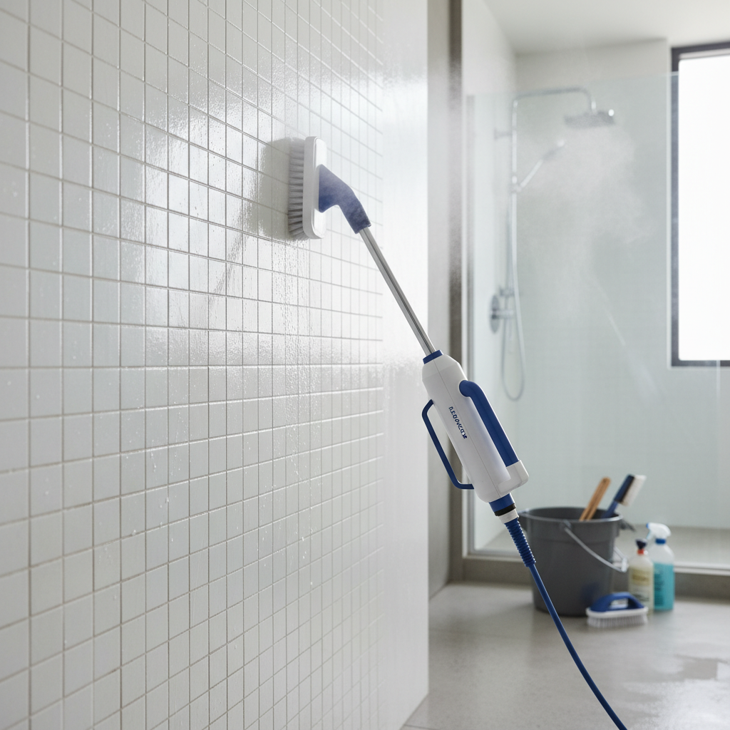 a professional cleaner meticulously scrubbing a shower wall in a modern condominium bathroom, using a high-pressure stea