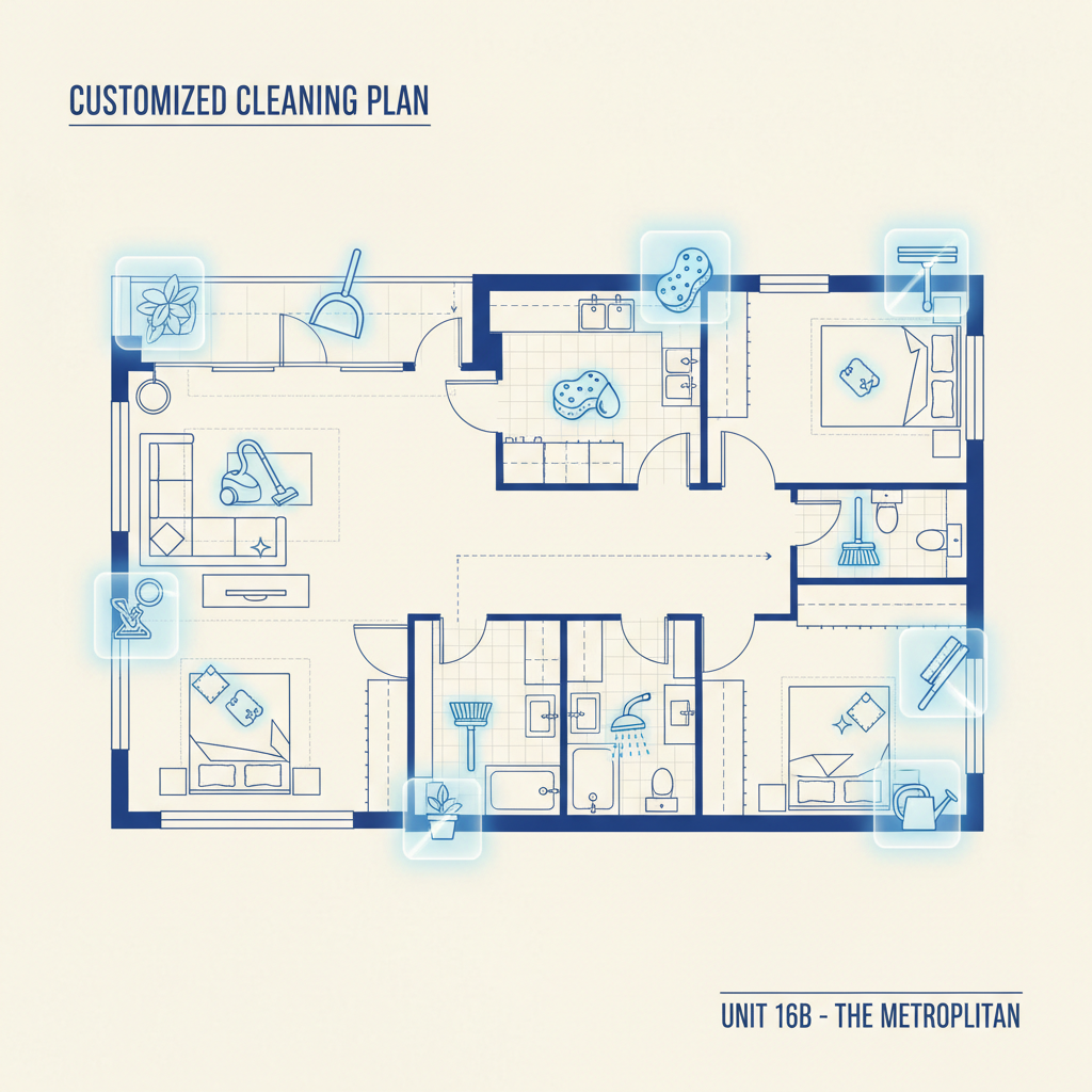 a blueprint or architectural drawing overlaid with icons representing cleaning tasks in different areas of a condo layou