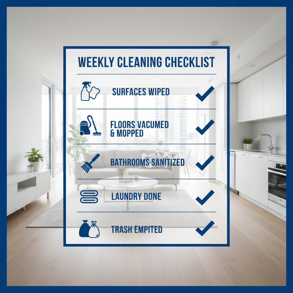 an infographic-style checklist with various cleaning icons and checkmarks over a clean, minimalist condominium interior