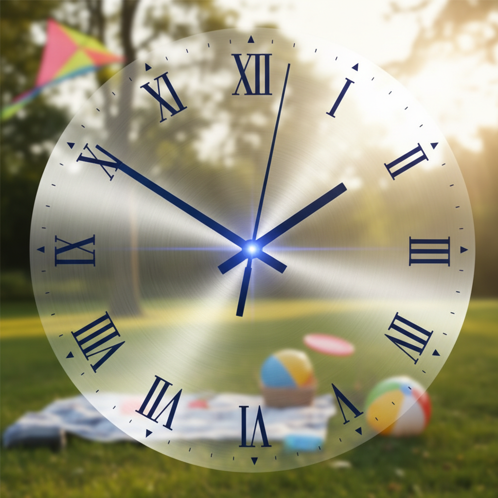 a clock face with hands spinning rapidly, superimposed over a blurred image of a family enjoying leisure time outdoors