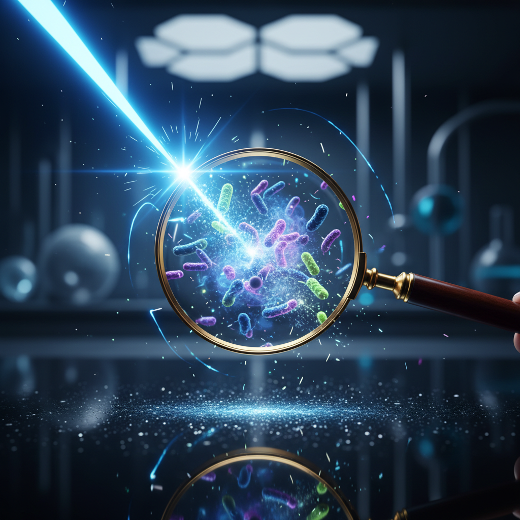 a magnifying glass hovering over a sparkling, dust-free surface, with microscopic bacteria being zapped away in the back