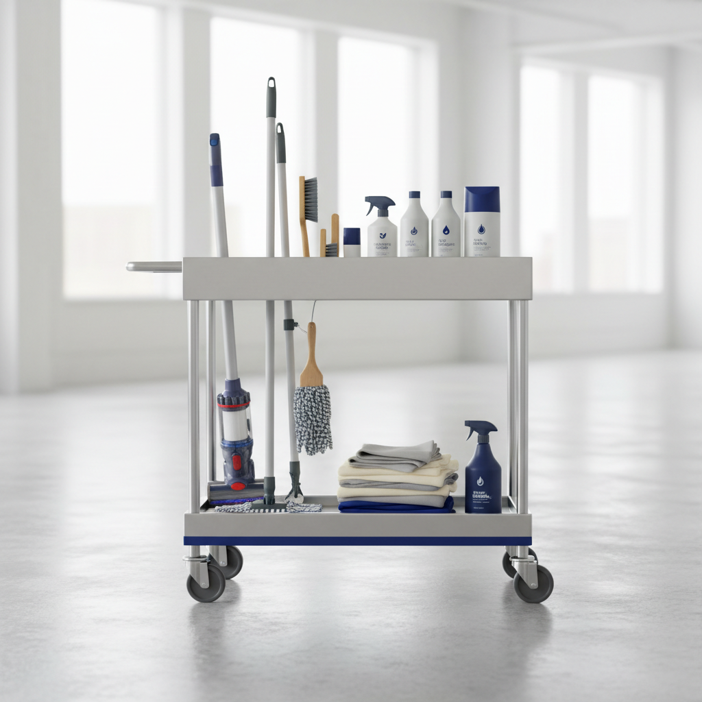 a collection of modern, professional cleaning tools and eco-friendly cleaning product bottles neatly arranged on a clean