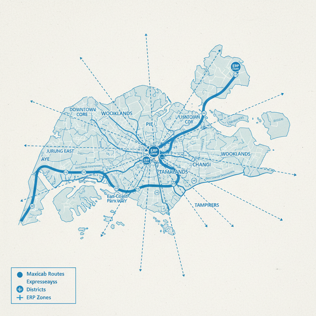 a map of Singapore highlighting major expressways and districts, with lines indicating different travel routes for maxic - Singapore maxicab prices