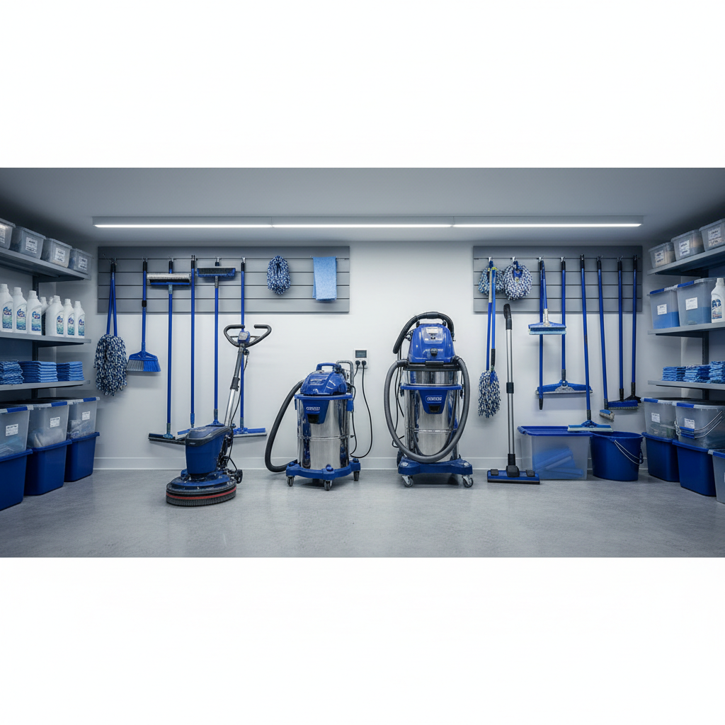 various commercial-grade cleaning tools and equipment neatly arranged in a storage area, including a powerful vacuum, fl