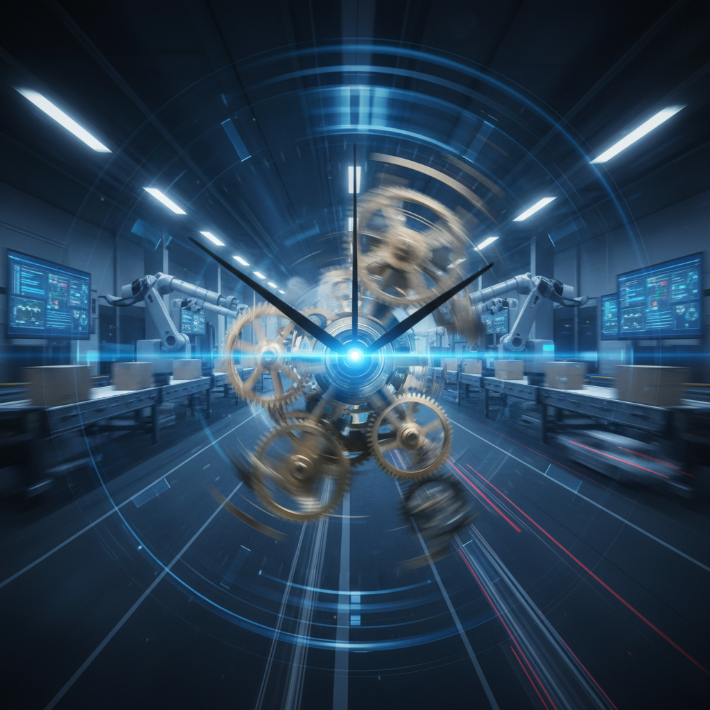 a clock with gears turning quickly, symbolizing saved time and increased efficiency, against a blur of productive activi