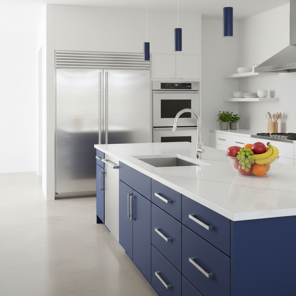 a clean, brightly lit modern kitchen with stainless steel appliances gleaming, and a bowl of fresh fruit on a pristine c