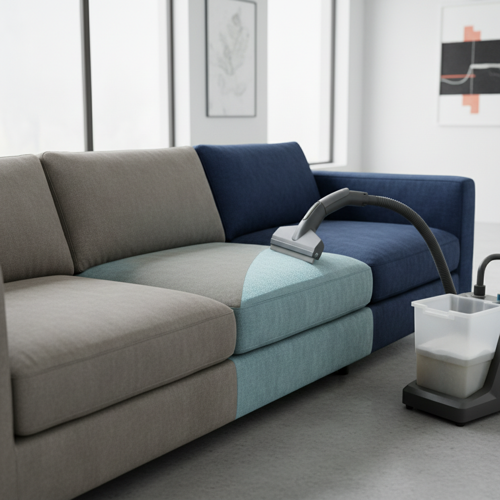 a sofa undergoing professional upholstery cleaning, with a visible difference between the cleaned and uncleaned sections