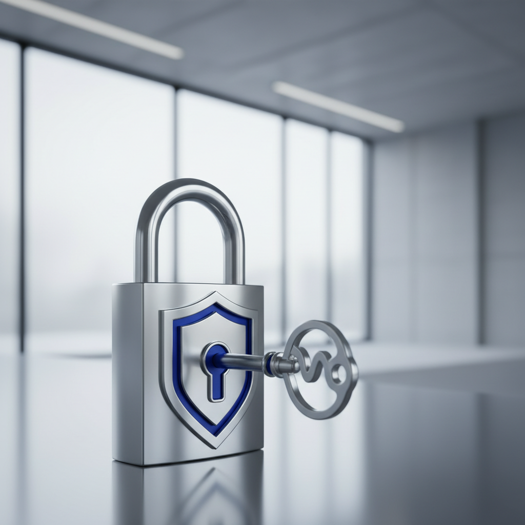 a secure lock and key, symbolizing trust, safety, and secured access for property, with a subtle backdrop of a clean env