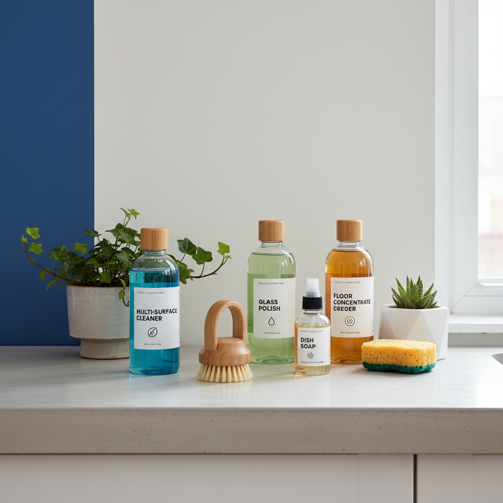 a collection of neatly arranged, clearly labeled, eco-friendly cleaning bottles and brushes on a light-colored counterto