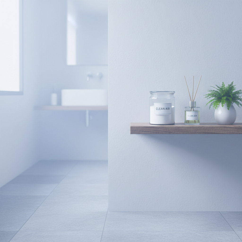a clean, minimalist bathroom with a subtle fresh aroma indicated by soft, misty light; a glass jar with baking soda sits