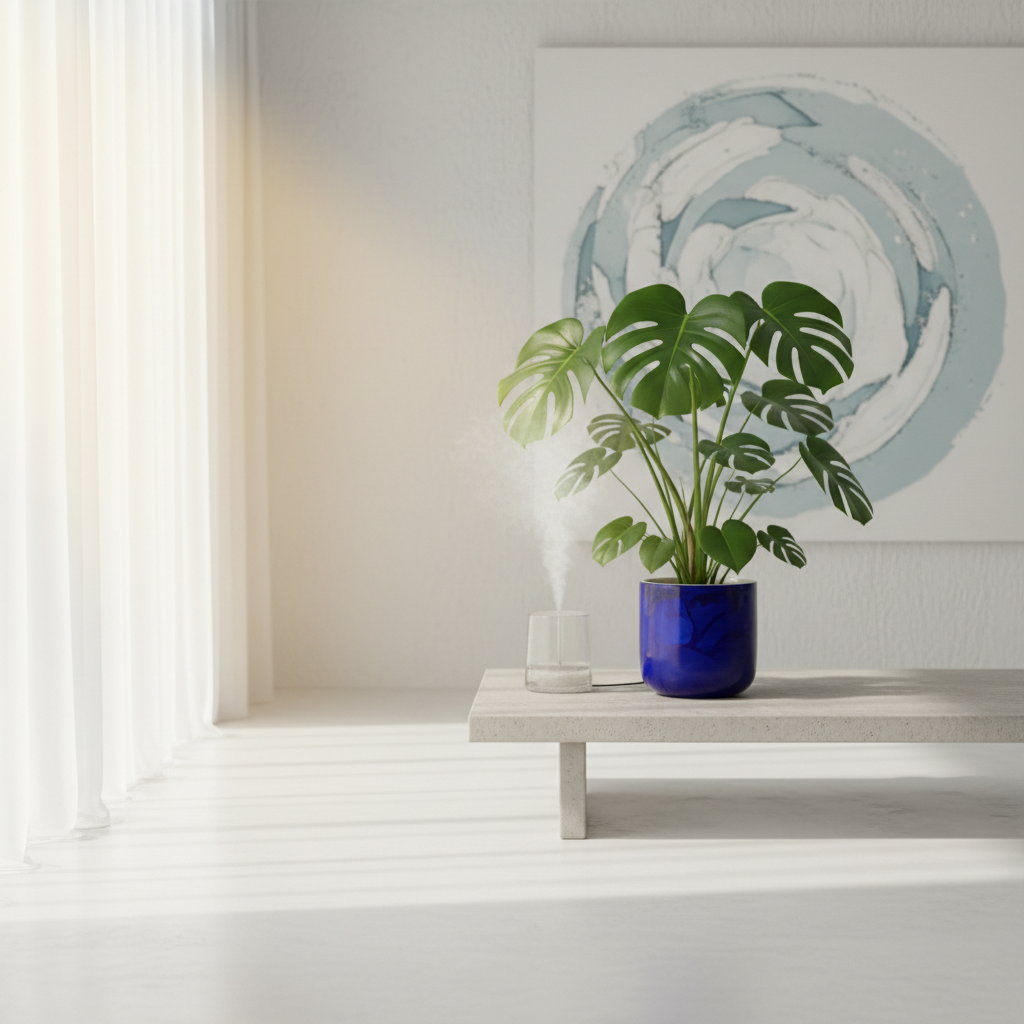 a serene indoor scene with a filtered sunbeam illuminating dust-free surfaces and a vibrant green plant, suggesting clea