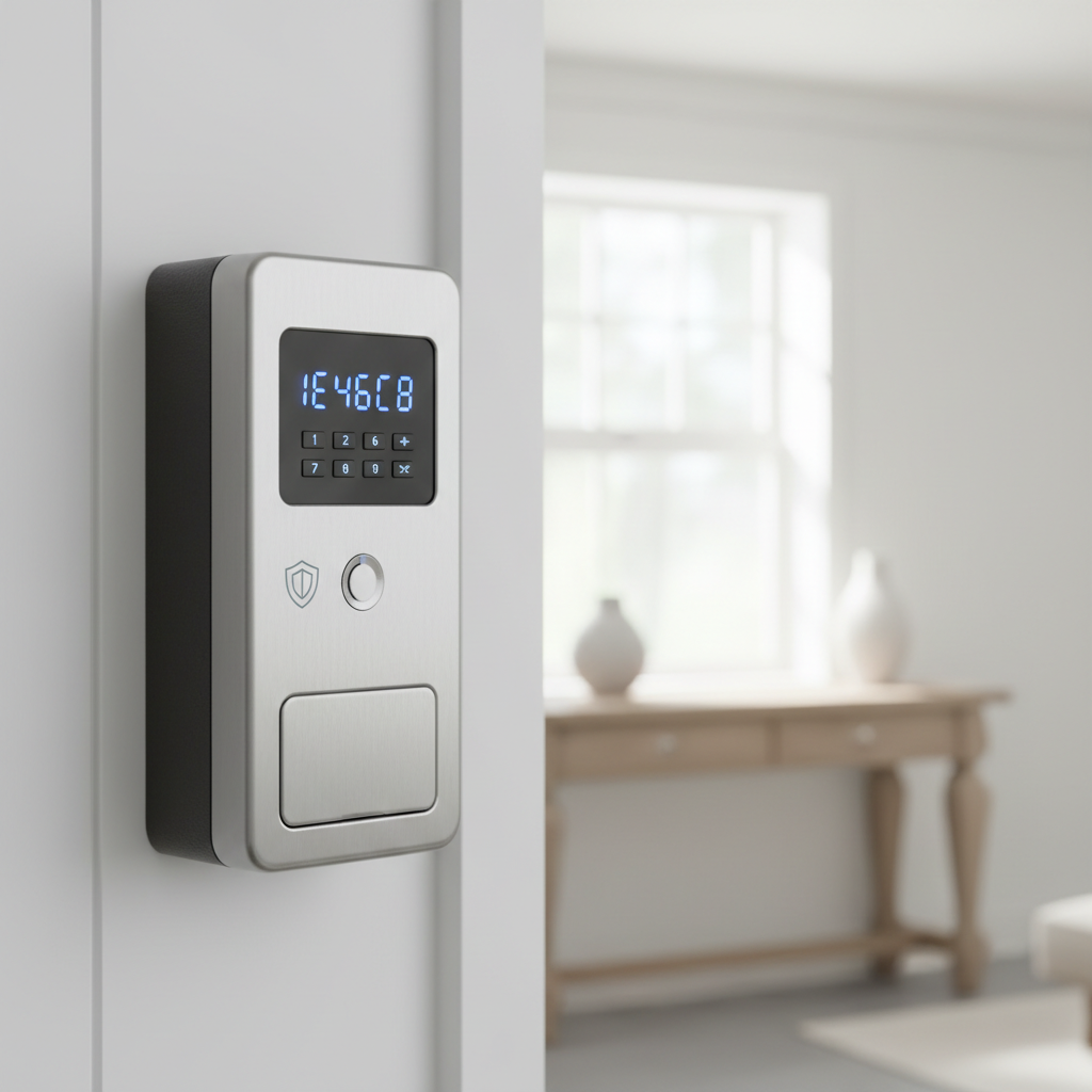 a secure key lockbox or digital keypad, representing home security, against a slightly blurred background of a clean int