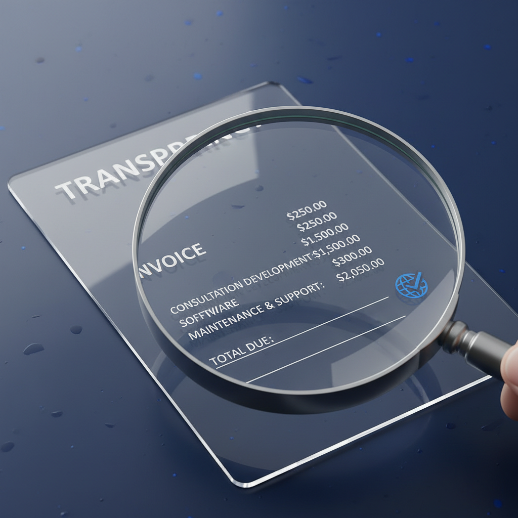 a magnifying glass over a clear invoice or bill showing itemized services and costs, symbolizing transparency in pricing