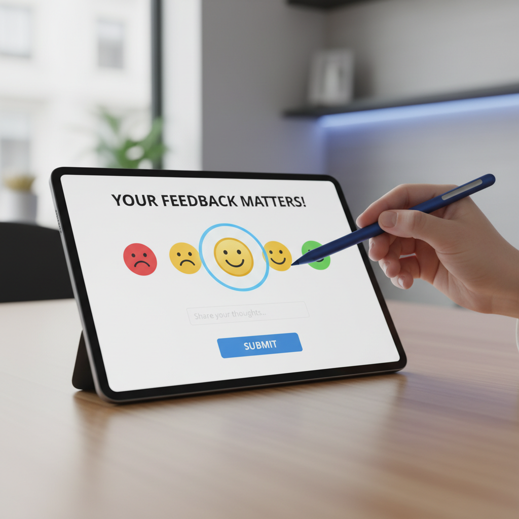 a person filling out a feedback form or survey on a tablet with a smiling face icon, representing customer satisfaction
