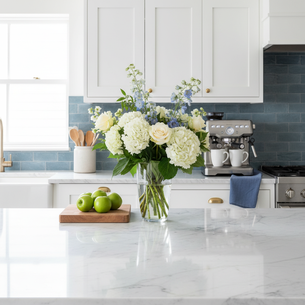 a sparkling clean and organized kitchen counter with fresh flowers, evoking a sense of calm and a well-maintained home.