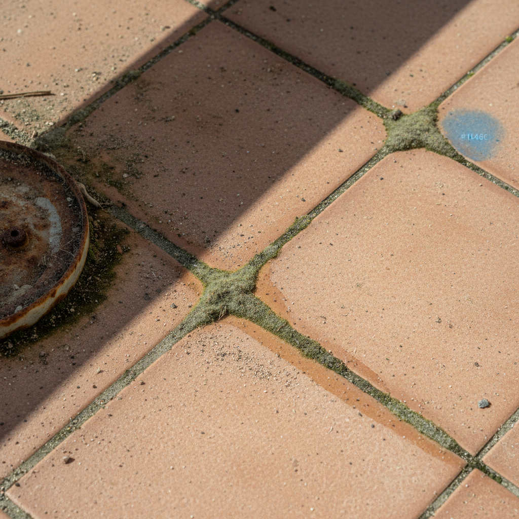a close-up of a tiled balcony floor showing visible dirt, dust, and green mold growing in the grout lines, indicating ne