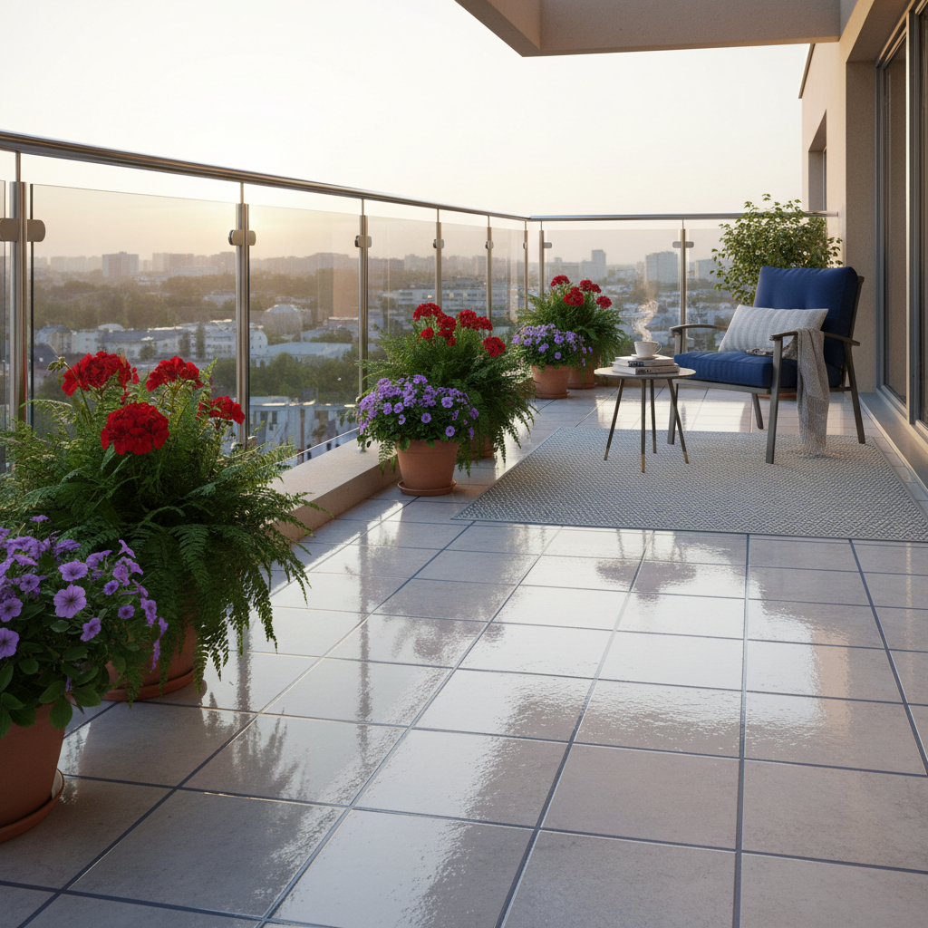a sparkling clean balcony with newly washed tiles, gleaming glass railings, and vibrant potted plants. The space looks i