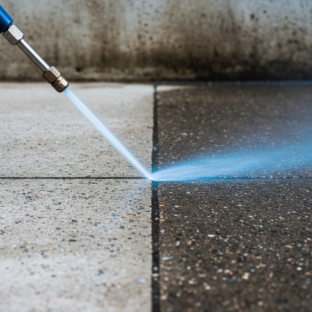 a close-up of a high-pressure nozzle spraying water onto a heavily stained concrete surface, with a clear line showing t