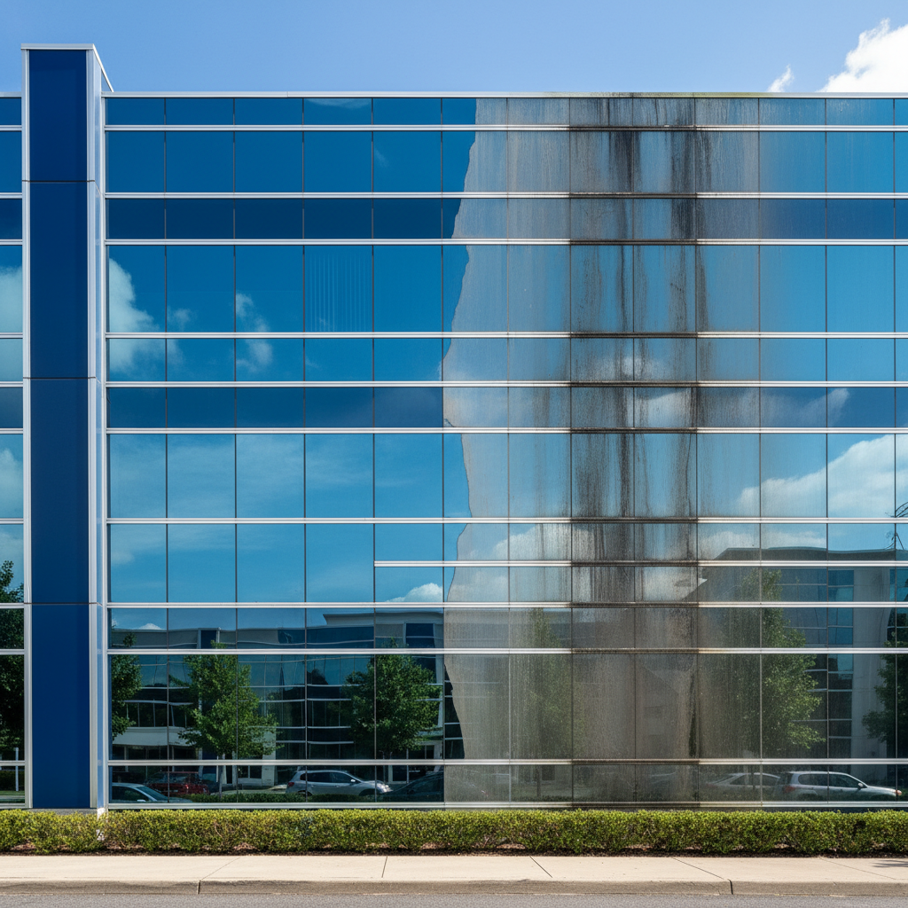 a sparkling clean commercial building facade contrasting sharply with an adjacent, visibly dirty section of the same bui