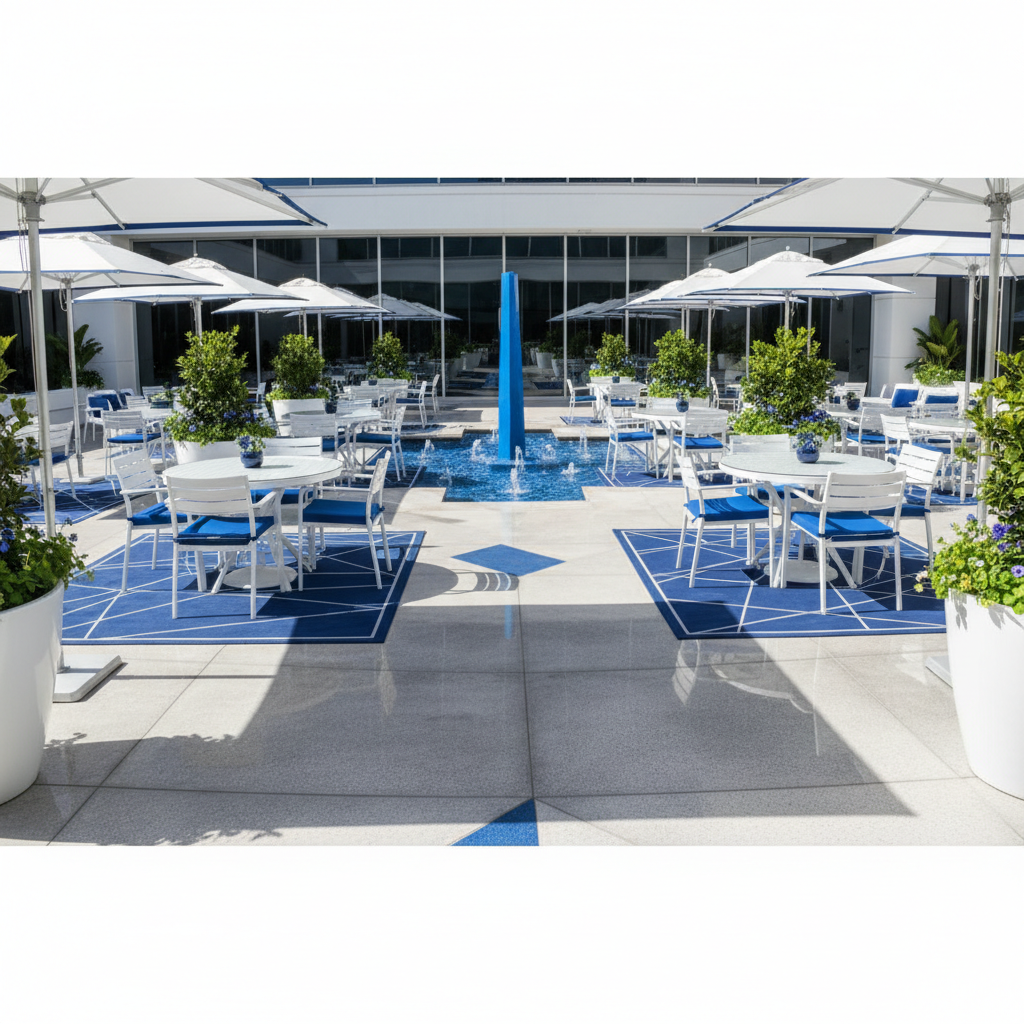 a clean, well-maintained outdoor seating area with pristine furniture and paving; sunlight highlights the cleanliness