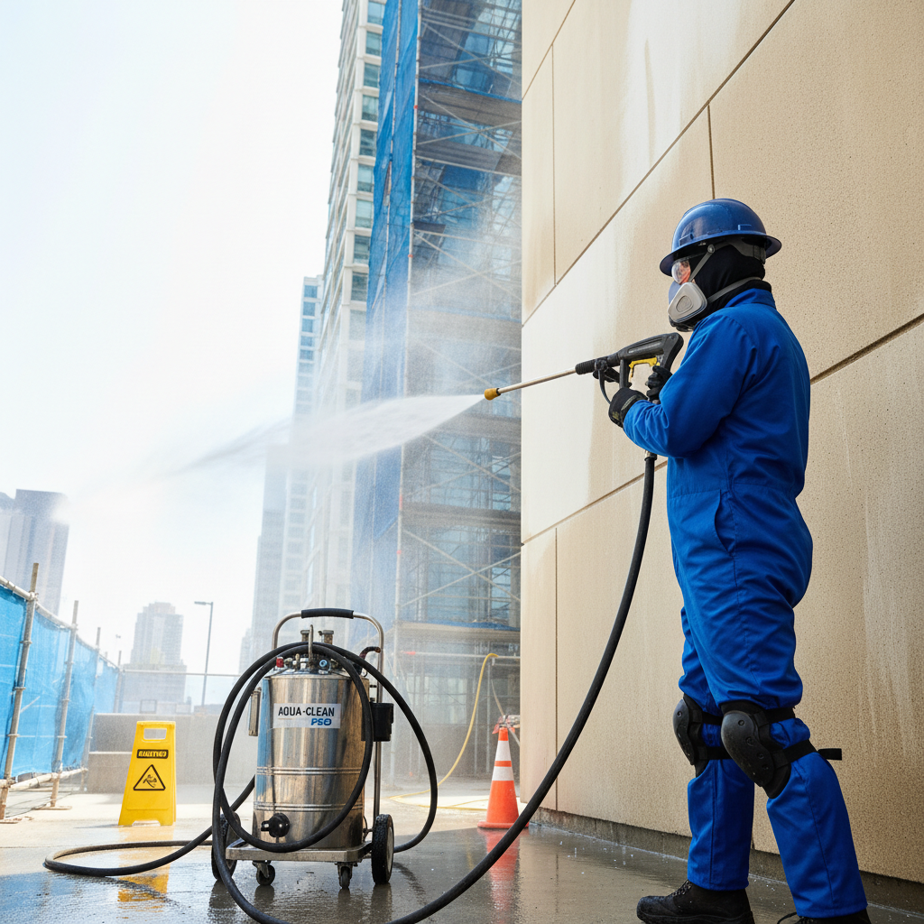 a highly skilled technician, clad in safety gear, operating a commercial pressure washer with precision on a building wa