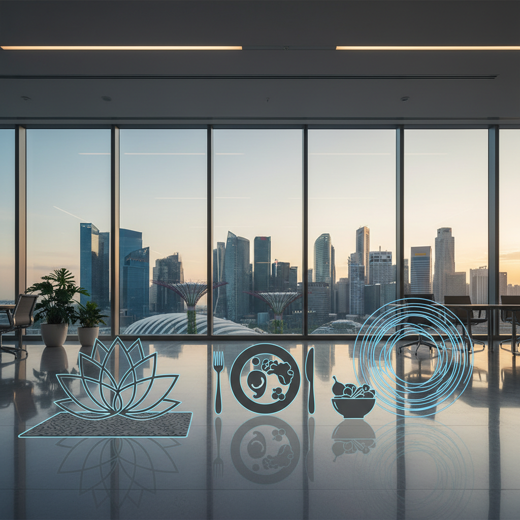 a group of diverse silhouettes engaged in various wellness activities like yoga, healthy eating, and meditation, set aga - corporate wellness programs