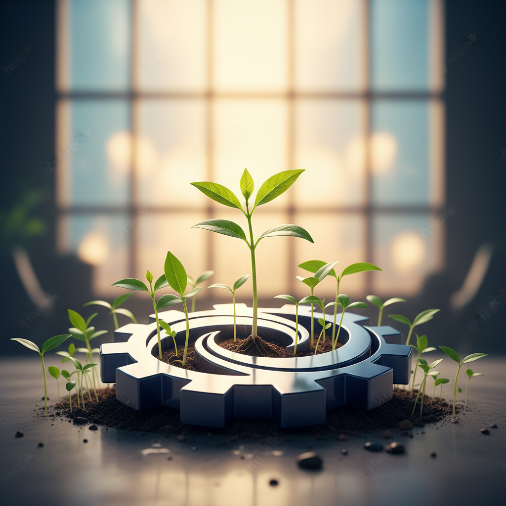 a visual metaphor of growth and stability, depicting healthy plant sprouts emerging from a corporate logo, symbolising t - corporate wellness programs