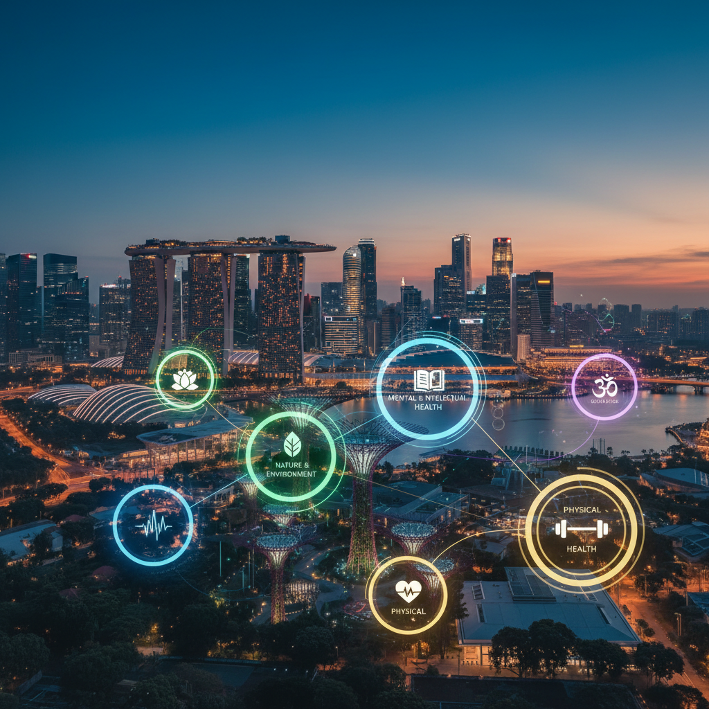 a vibrant cityscape of Singapore at dusk, with various glowing circles representing different aspects of holistic wellne - corporate wellness programs