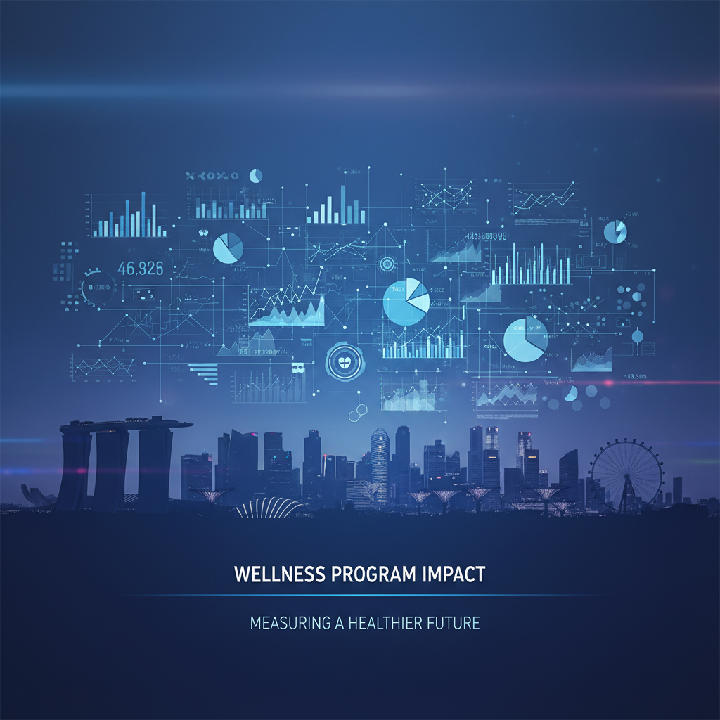 a graphic overlay of analytical charts and data visualisations layered over a silhouette of Singapore's skyline, represe - corporate wellness programs