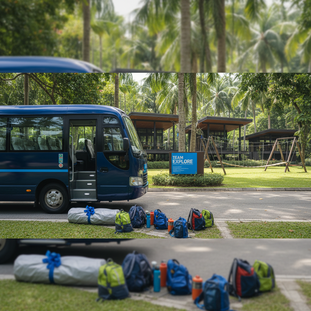 a premium 13-seater minibus arriving at a lush green outdoor retreat location in Singapore, with people disembarking che - corporate wellness programs