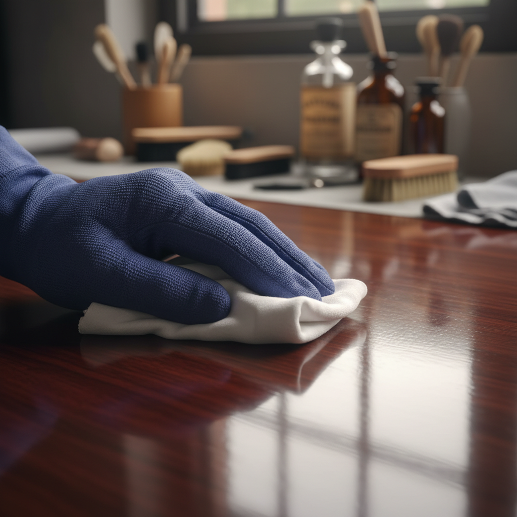 a close-up of a hand polishing a pristine wooden surface, reflecting light, with cleaning tools blurred in the backgroun