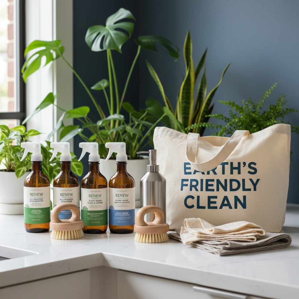 a selection of professional-grade, eco-friendly cleaning supplies neatly arranged on a counter, with green plants in the