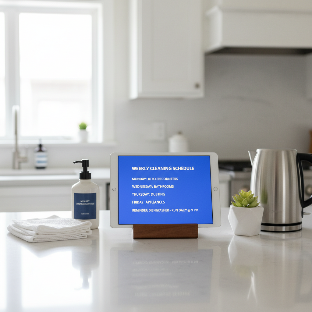 a clean, organized kitchen counter with a small tablet displaying a cleaning schedule or message, suggesting efficient c