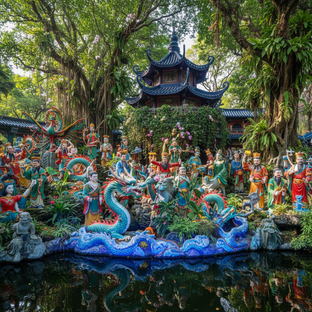 a mystical scene within Haw Par Villa featuring intricate, colorful statues depicting characters from Chinese mythology - unique attractions in singapore