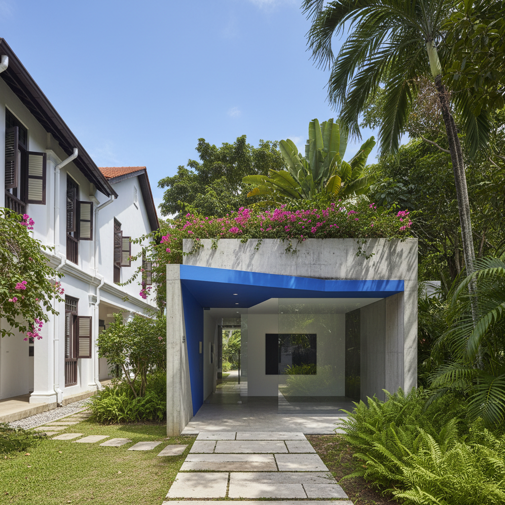 a contemporary art gallery exterior at Gillman Barracks, set against a backdrop of colonial-era architecture and vivid t - unique attractions in singapore