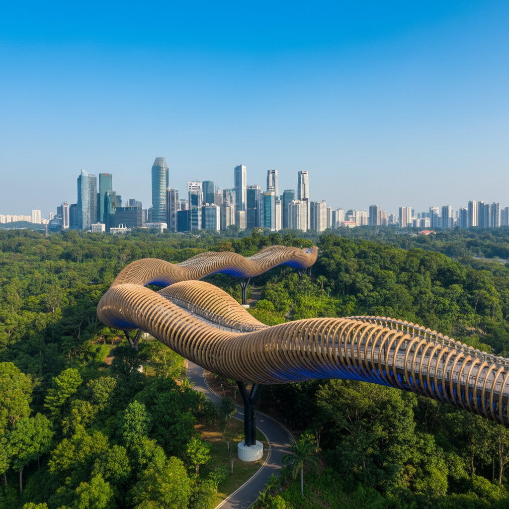 the iconic curved wooden structure of Henderson Waves bridge, connecting lush green hilltops with modern urban buildings - unique attractions in singapore