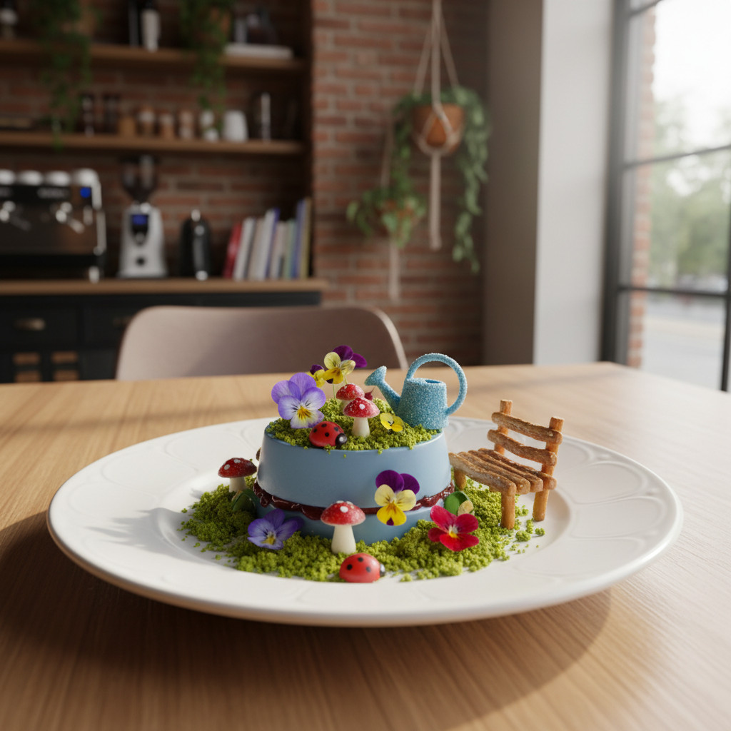 a beautifully presented quirky themed dish, like a vibrant dessert resembling a miniature garden, in an aesthetically pl - unique attractions in singapore