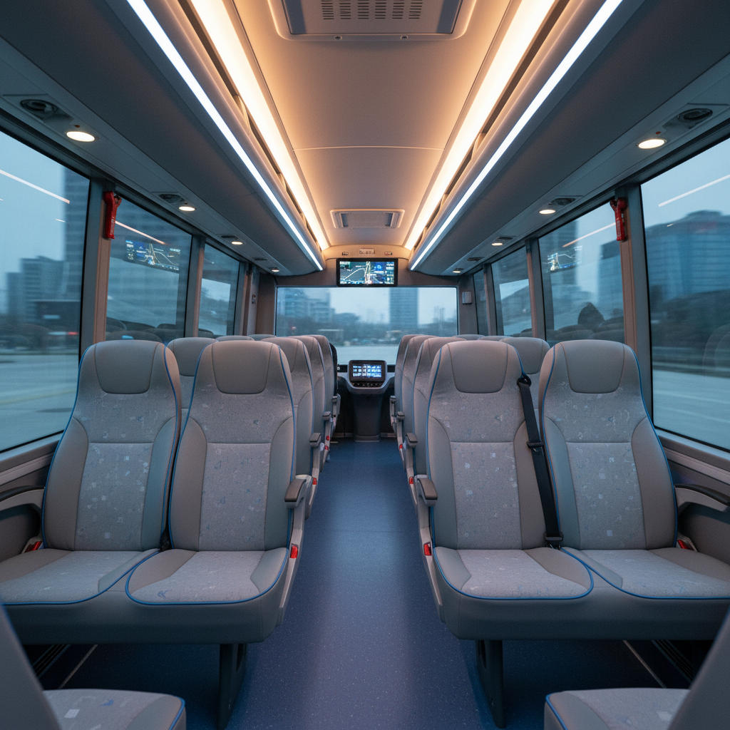 comfortable, spacious interior of a modern shuttle bus, featuring soft lighting and ergonomic seating, designed for pass - corporate shuttle service Singapore