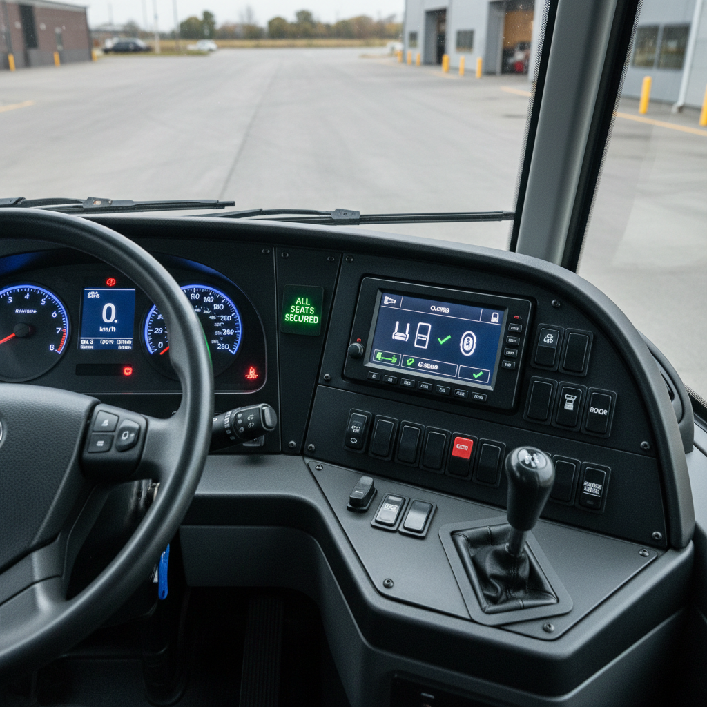 a clean, professionally maintained shuttle bus dashboard with a focus on safety indicators like seatbelt lights and a cl - corporate shuttle service Singapore