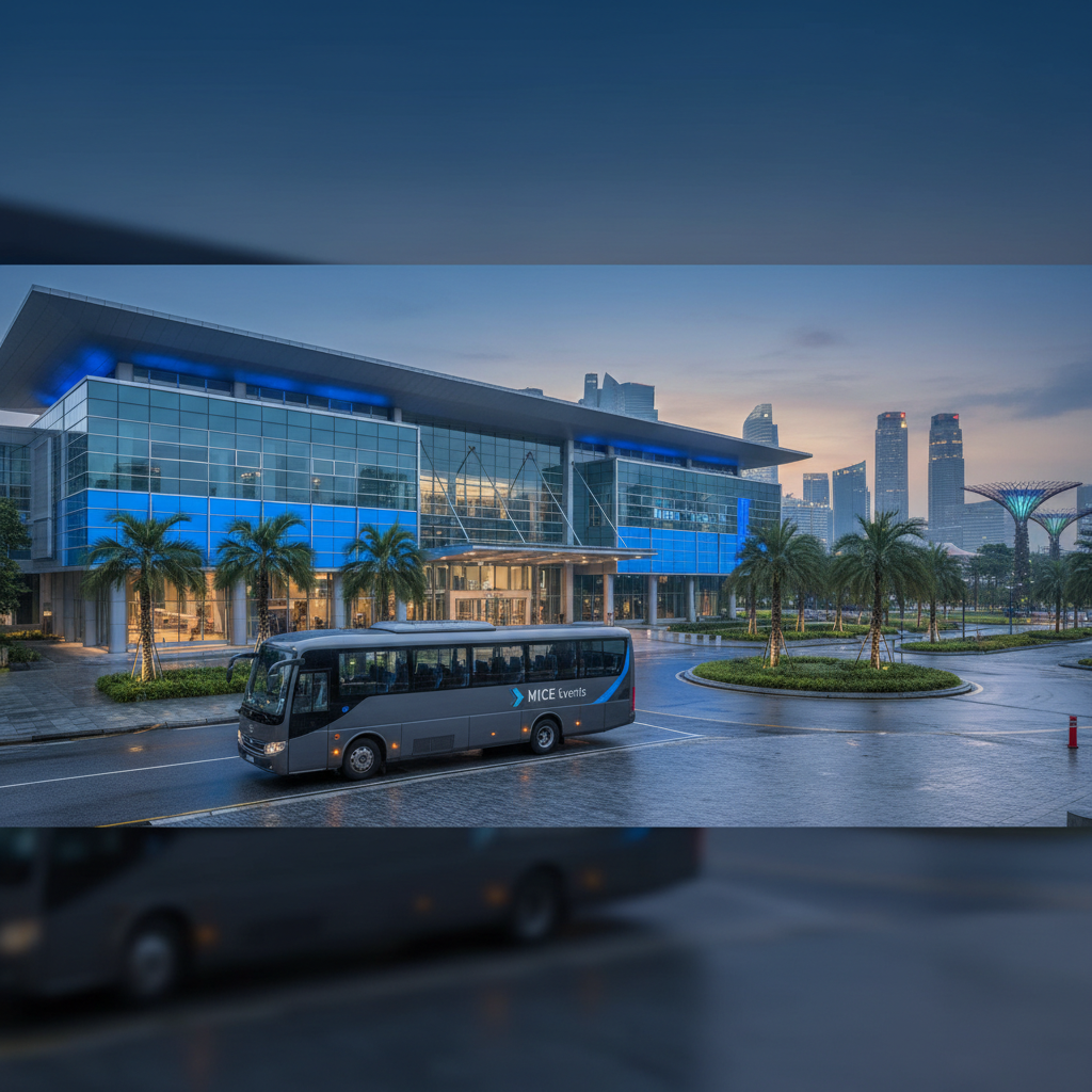 a sleek, modern conference center in Singapore, with an executive shuttle bus discreetly parked outside, ready for MICE - corporate shuttle service Singapore