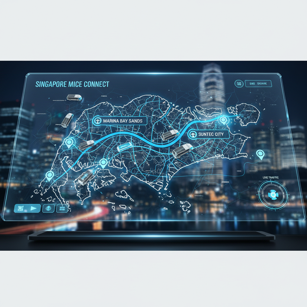 a detailed, interactive digital map showing routes and vehicle icons moving between different MICE venues in Singapore, - MICE transport Singapore