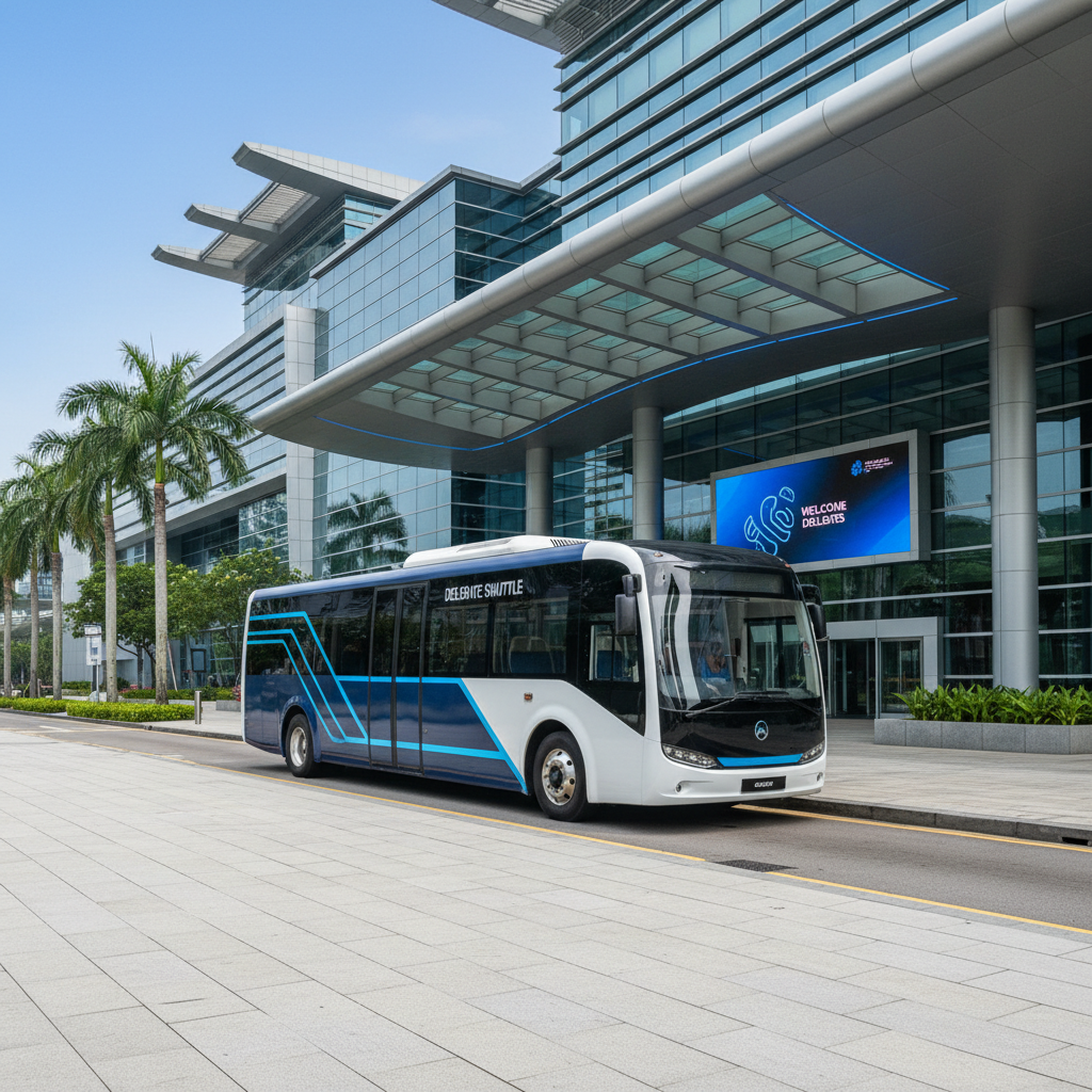 a professional-looking shuttle bus parked outside a modern convention centre in Singapore, waiting for delegates - MICE transport Singapore
