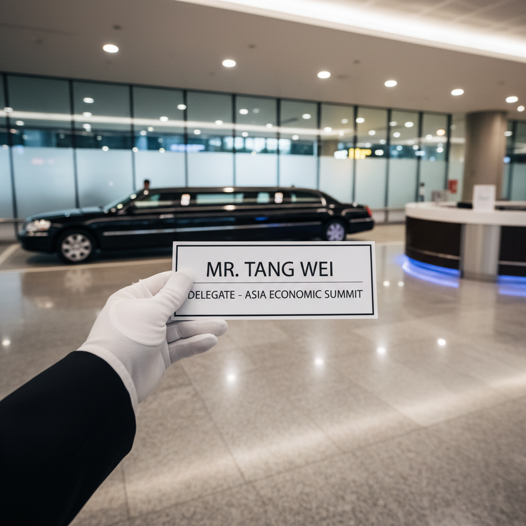 a professional chauffeur holding a sign with a delegate's name, standing near the arrival gates at Changi Airport, with - MICE transport Singapore
