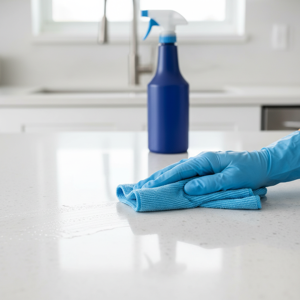 A close-up of a hand wiping a kitchen countertop with a microfibre cloth, illustrating surface-level cleaning and tidine