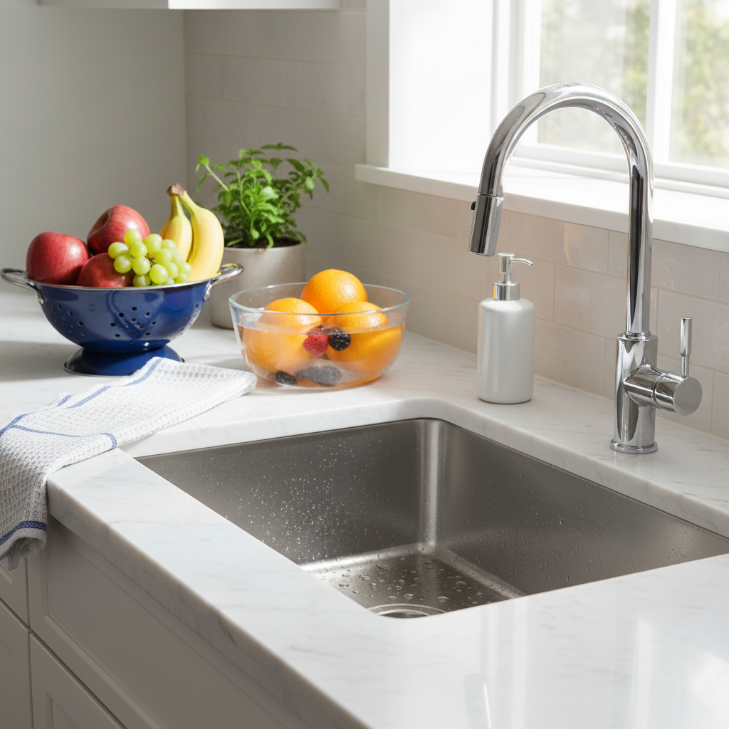 A clean, sparkling kitchen sink with fresh fruit on the counter, emphasizing hygiene and tidiness.
