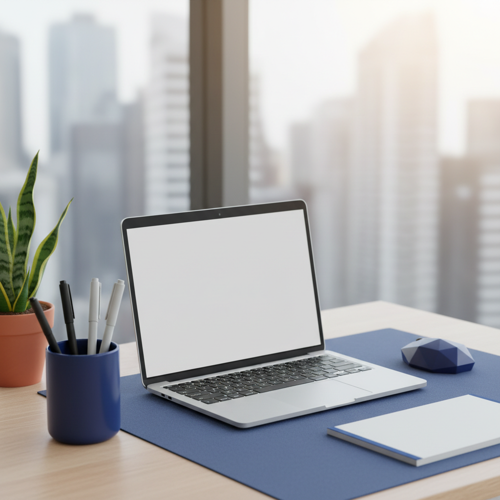 A neatly organized and clean office desk with a laptop, pens, and a plant, creating a professional and inviting workspac