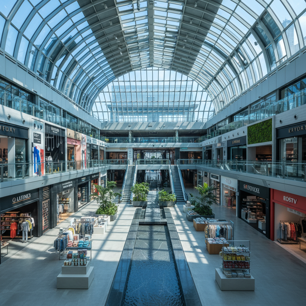 a bustling indoor market or shopping mall in Singapore, with modern architecture, diverse shops, and natural light filte - Singapore Rainy Day Activities