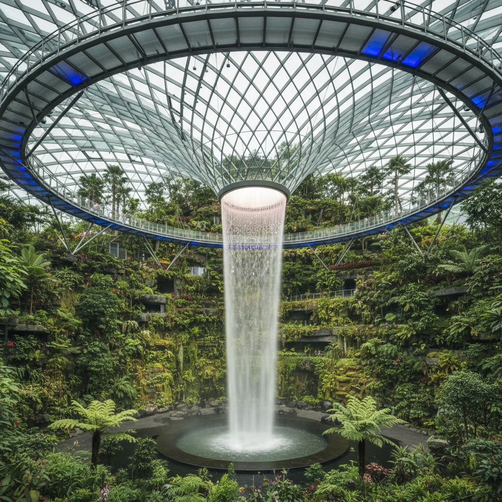 the interior of the Cloud Forest at Gardens by the Bay, featuring a tall waterfall, lush tropical plants, and impressive - Singapore Rainy Day Activities