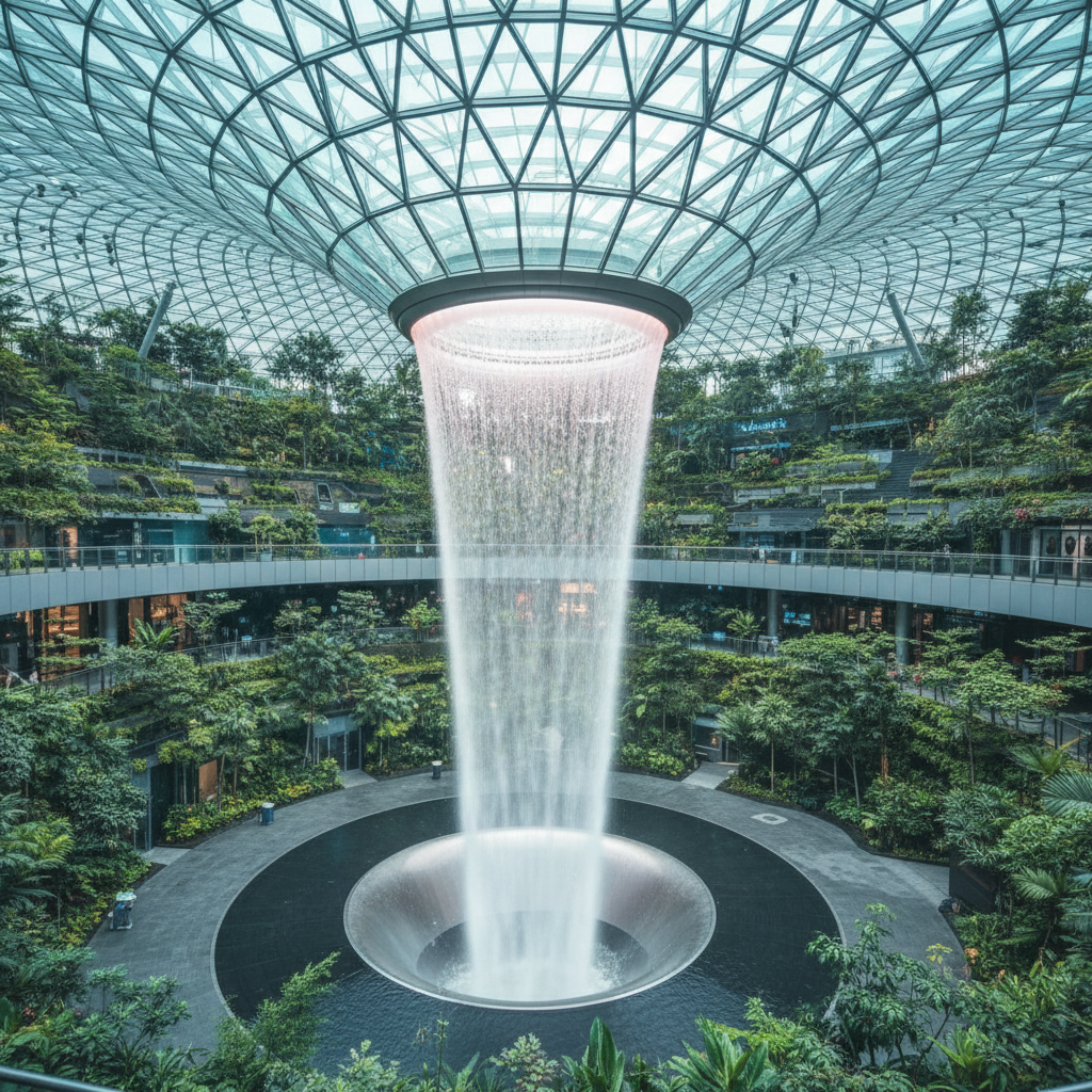 the HSBC Rain Vortex at Jewel Changi Airport, showcasing the immense indoor waterfall surrounded by lush greenery and mo - Singapore Rainy Day Activities