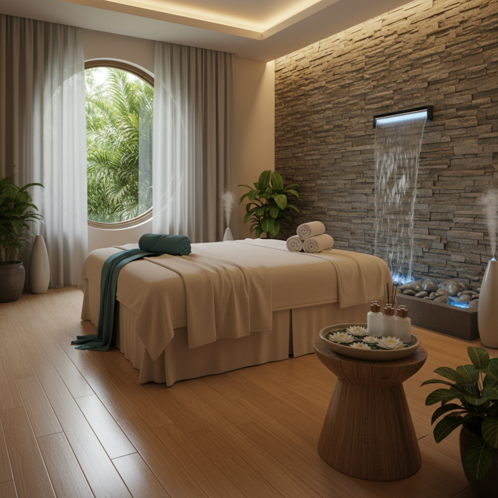 a tranquil, luxurious spa interior with soft lighting, natural textures, and a feeling of calm and relaxation - Singapore Rainy Day Activities